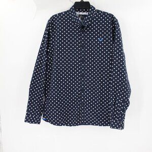 Fred Perry Shirt Mens Large Button Down Cotton Polka Dot Long Sleeve blue logo